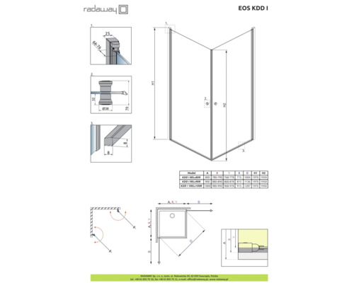 Desen tehnic cabină de duș Radaway EOS KDD I cu dimensiuni