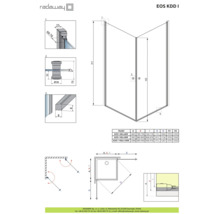 Desen tehnic al unei cabine de duș de colț Radaway EOS KDD I cu indicații de dimensiuni
