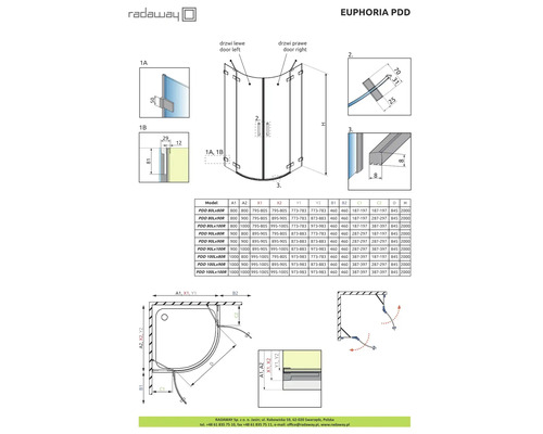 Desen tehnic al cabinei de duș Radaway Euphoria PDD cu dimensiuni