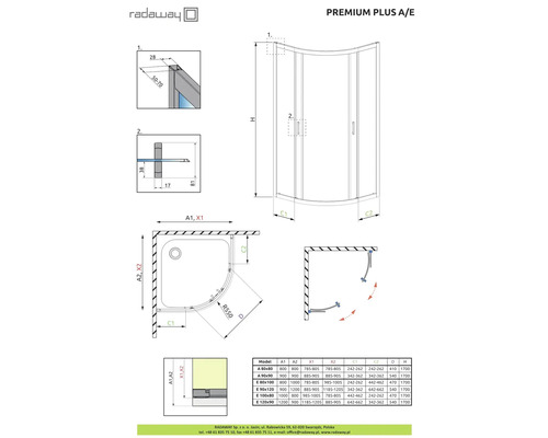 Desen tehnic al unei cabine de duș Radaway Premium Plus A/E cu dimensiuni