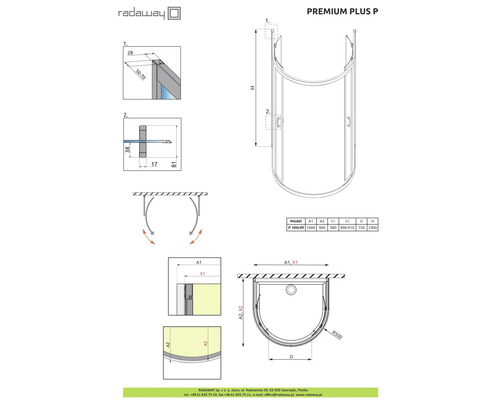 Desen tehnic al cabinei de duș Premium Plus P cu dimensiuni