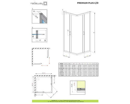 Desen tehnic al cabinei de duș Radaway Premium Plus C/D cu dimensiuni