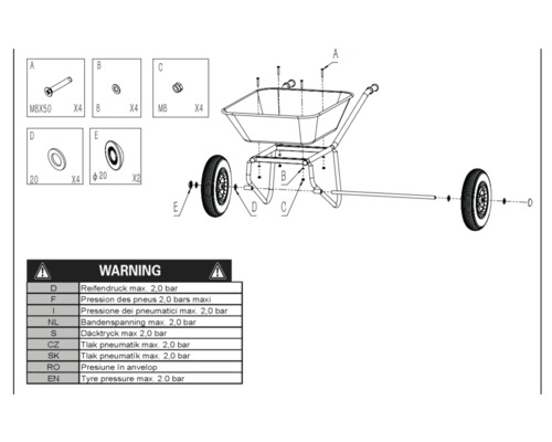 Desen explodat al unei roabe cu instrucțiuni de asamblare și avertisment privind presiunea maximă în anvelope de 2,0 bari