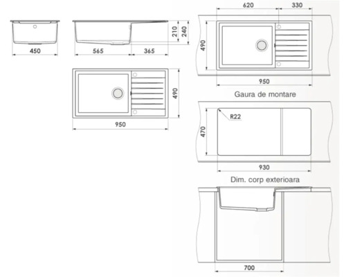 Desen tehnic al unei chiuvete de bucătărie cu dimensiuni