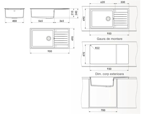 Desen tehnic cu dimensiunile chiuvetei de bucătărie