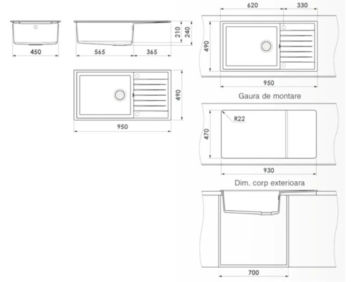 Desen tehnic al unei chiuvete cu dimensiuni