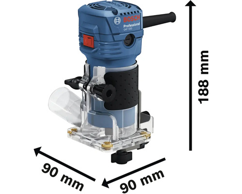 Freza superioară Bosch GKF 550 cu dimensiunile de 188 mm înălțime și 90 mm lățime