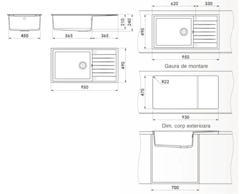 Desen tehnic al unei chiuvete cu dimensiuni.