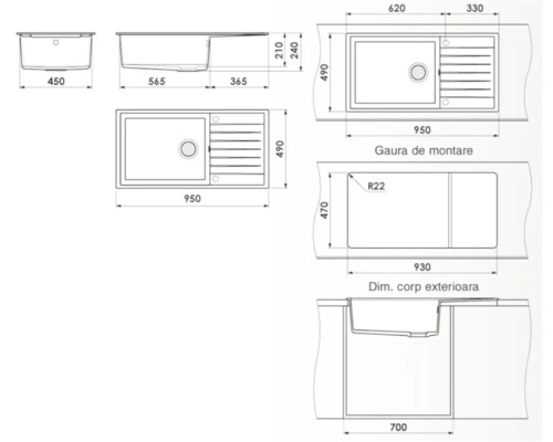 Desen tehnic al unei chiuvete de bucătărie cu dimensiuni.