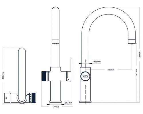 Desen tehnic al unei baterii de bucătărie cu dimensiuni