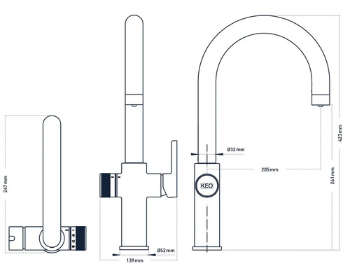Desen tehnic al unei baterii de bucătărie cu dimensiuni.