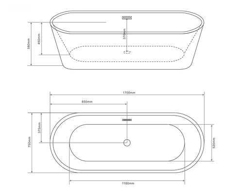 Desen al unei căzi de baie de sine stătătoare cu dimensiuni