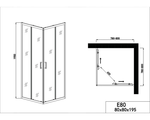 Desen tehnic al unui duș de colț cu dimensiunile de 80x80x195 centimetri