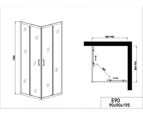 Desen tehnic al unei cabine de duș pe colț cu dimensiuni.