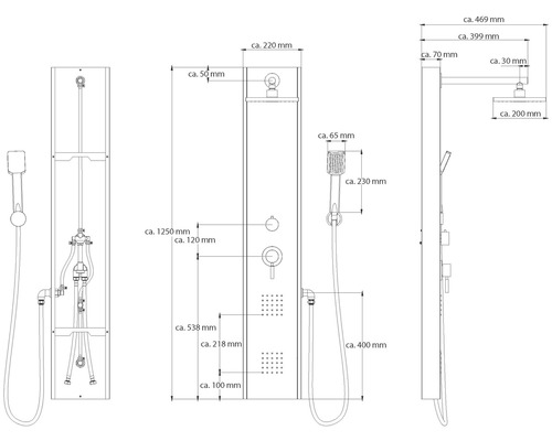 Desen tehnic cu dimensiunile coloanei de duș