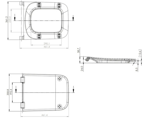Desen tehnic al unui capac de toaletă cu indicații dimensionale