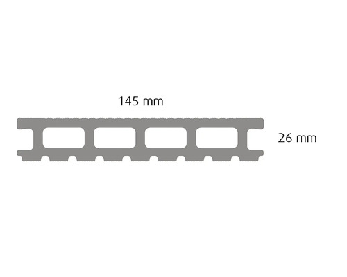 Secțiune profilată a scândurii de terasă cu dimensiuni de 145 mm și 26 mm