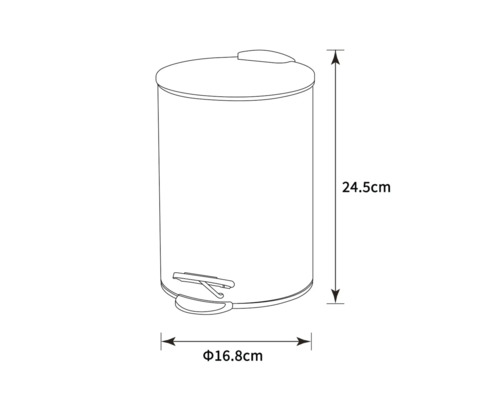 Imagine cu o pubelă cu pedale cu dimensiunile de 24,5 cm înălțime și 16,8 cm diametru.