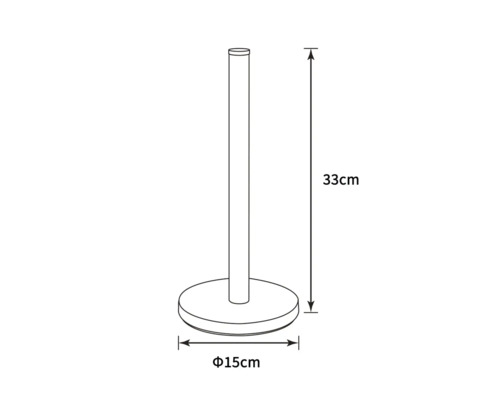 Desen tehnic al unui suport de hârtie igienică cu dimensiunile de 33 cm înălțime și 15 cm diametru