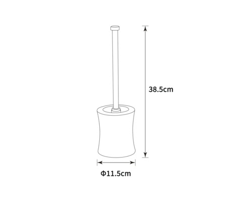 Perie de toaletă cu suport și dimensiuni: înălțime 38,5 cm, diametru 11,5 cm.