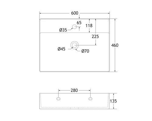Desen tehnic al unei chiuvete cu dimensiuni