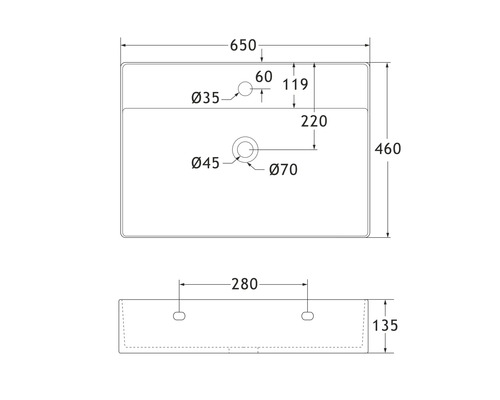 Desen tehnic al unui lavoar cu dimensiuni