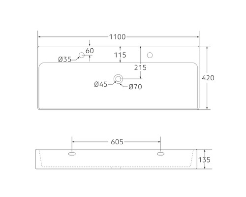 Desen tehnic al unei chiuvete cu dimensiuni