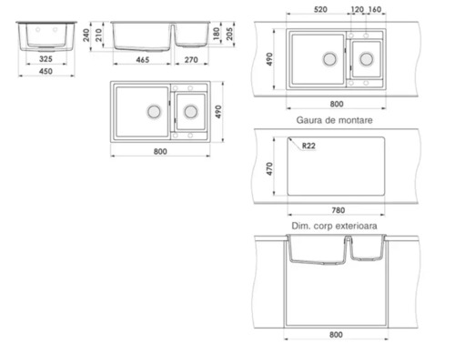 Desen tehnic al unei chiuvete cu bazin și zonă de scurgere, diferite vederi cu dimensiuni.