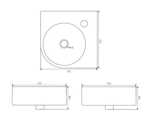 Desen tehnic al unei chiuvete cu dimensiuni.