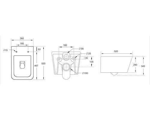 Desen tehnic al unui WC suspendat cu dimensiuni