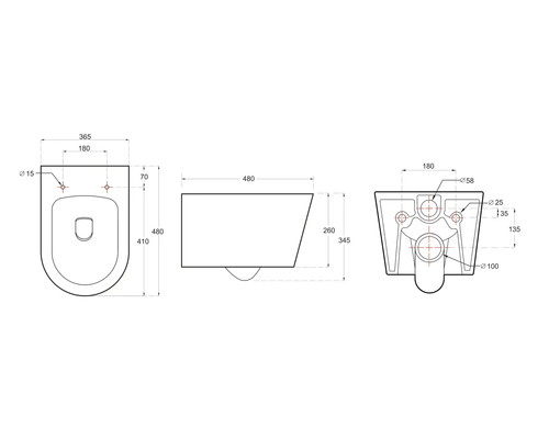 Desen tehnic al unui vas de toaletă suspendat cu dimensiuni