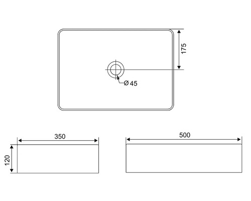 Desen tehnic al unei chiuvete dreptunghiulare cu dimensiuni