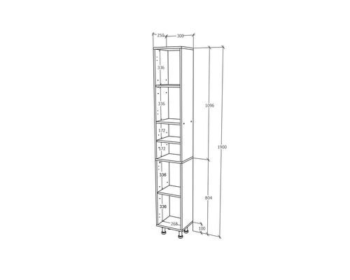 Desen tehnic al unui dulap cu rafturi cu informații despre înălțime în milimetri