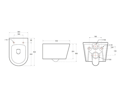 Desen tehnic al unui WC suspendat cu dimensiuni