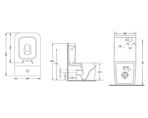 Desen tehnic al unui WC stativ cu dimensiuni.