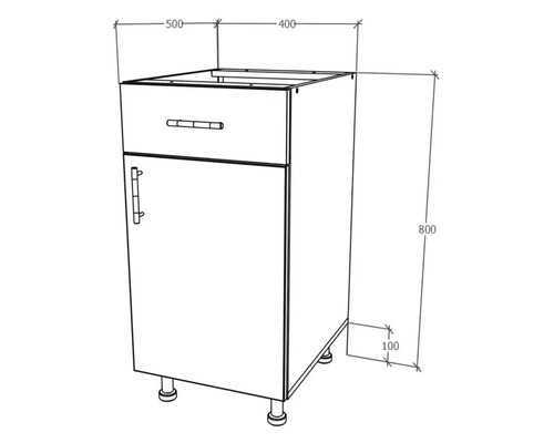 Desen tehnic al unui dulap inferior cu sertar și ușă, incluzând măsurătorile.