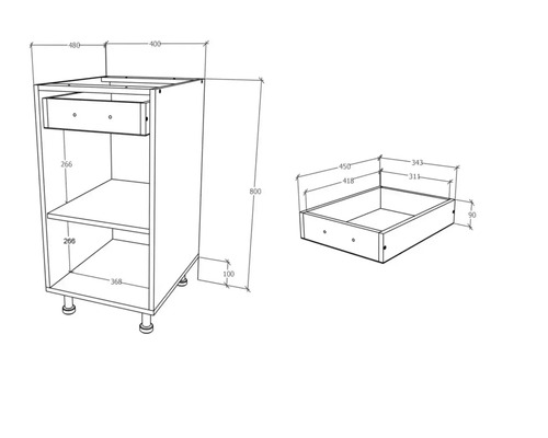 Desen tehnic al unui dulap de bucătărie inferior cu sertar și rafturi, inclusiv dimensiuni