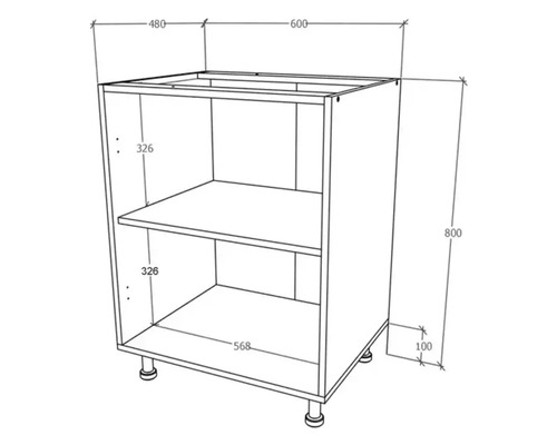 Desen tehnic al unui dulap de bază de bucătărie cu dimensiuni.