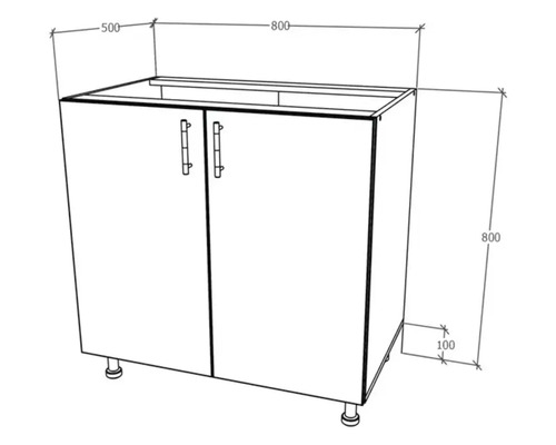 Desen tehnic al unui dulap sub chiuvetă cu dimensiuni