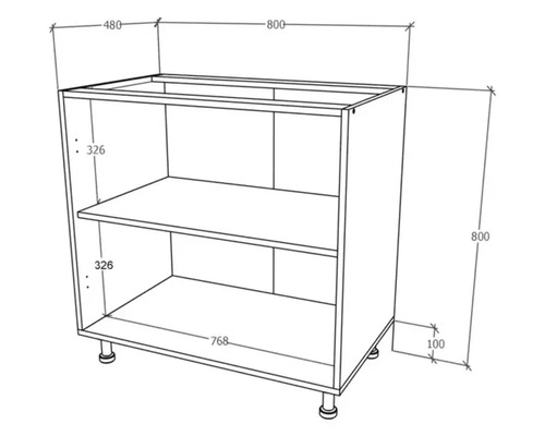 Desen tehnic al unui corp inferior de bucătărie cu dimensiuni