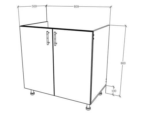 Schema unui dulap inferior cu două uși și dimensiunile 800 x 800 x 500 mm