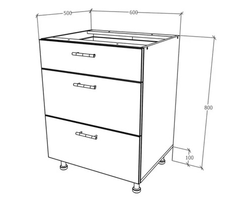 Desen tehnic al unui dulap de bază pentru lavoar cu trei sertare și indicații de dimensiuni.
