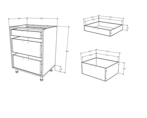 Desen tehnic al unui dulap inferior cu sertare și dimensiuni