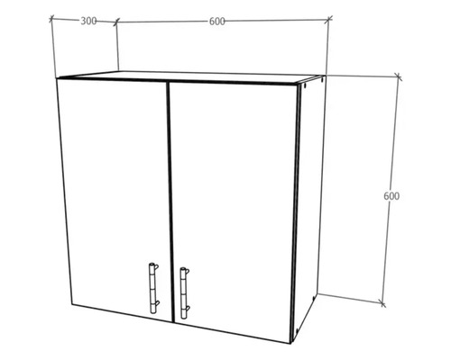 Schiță a unui dulap suspendat cu dimensiunile 600 x 600 x 300 mm.