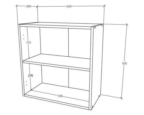 Desen tehnic al unui raft cu dimensiunile 600 x 600 x 280 mm.