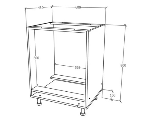 Desen tehnic al unui dulap de bucătărie inferior cu dimensiuni