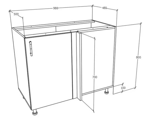 Schiță a unui dulap inferior cu dimensiuni pentru planificarea bucătăriei