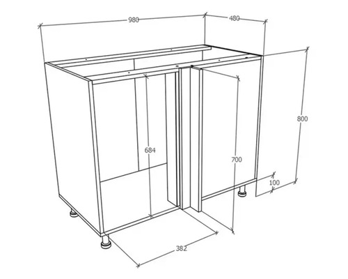 Desen tehnic al unui dulap de colț cu dimensiuni