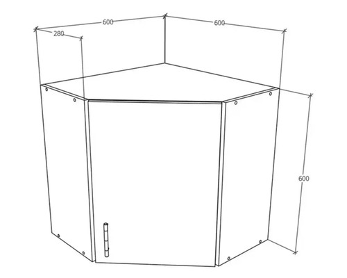 Desen tehnic al unui dulap de colț cu dimensiunile de 600 x 600 x 280 milimetri.