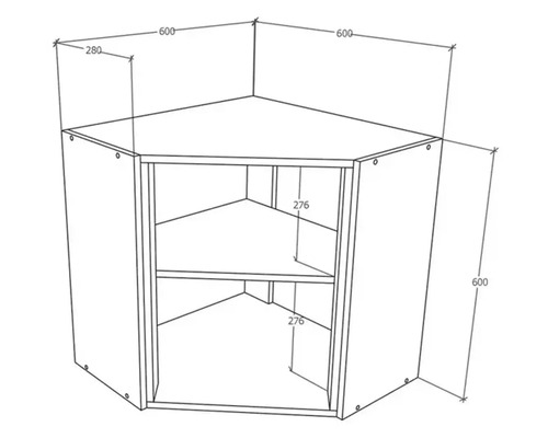 Desen tehnic al unui dulap de colț cu dimensiuni.